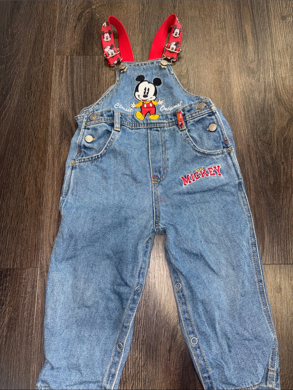 Vintage Mickey Mouse Denim Overalls for Kids - Blue with Red Straps